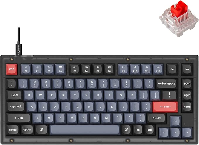 Keychron V1 Wired Custom Mechanical Keyboard, 75% Layout QMK/VIA Programmable Macro with Hot-swappable Keychron K Pro Red Switch Compatible with Mac Windows Linux (Frosted Black - Translucent)