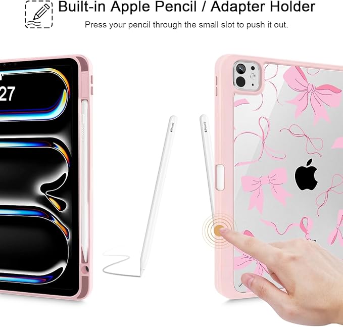 May Chen Case for iPad Pro 13-inch 2024 7th Generation M4 Chip, [Built Pencil Holder Supports Pencil 2/USB-C] Ultra Thin Clear Back Shell with Trifold Stand Support Auto Wake/Sleep, Pink Bows 13