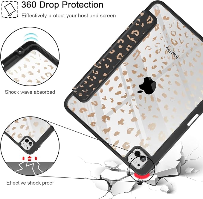 May Chen Case for iPad Pro 11-Inch M5/M4 2025/2024 (6th/5th Generation), Clear Transparent Print Back Shell Slim Stand Shockproof Tablet Cover, Auto Wake/Sleep, Leopard Print