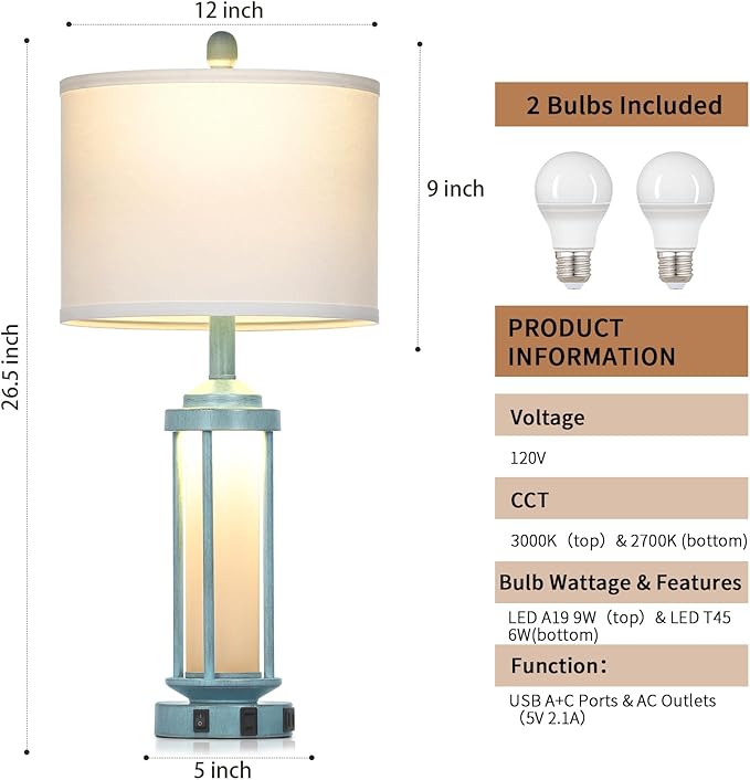 Lolikit 27" Tall Farmhouse Table Lamps for Living Room, Rustic Vintage Table Lamp with USB A+C Charging Ports & AC Outlet, Modern Retro Industrial Nightstand Bedside Lamp for Bedroom Side Table Decor