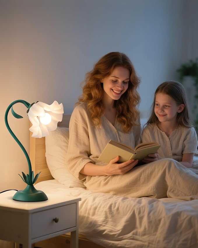 WERFOP Flower Table Lamp, Cute LED Reading Bedside Night Light, 3 Color Modes Vintage Desk Lamp, Kawaii Aesthetic Decor for Dorm Bedroom Living Room (Dark Green)