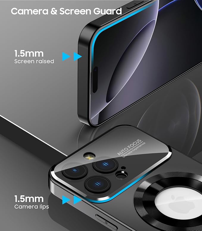 MAKAVO Magnetic for iPhone 16 Pro Case, Compatible with MagSafe, Built-in Camera Lens Protector, Logo View, Military Grade Drop Proof Phone Cover, Black