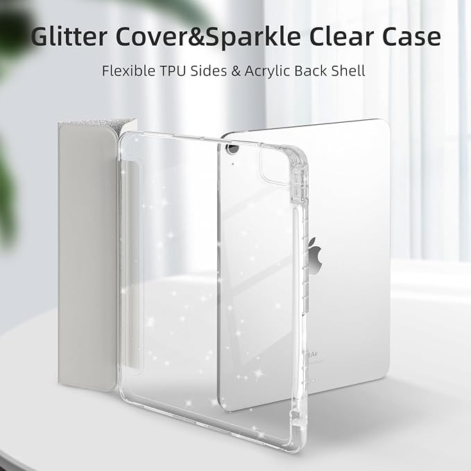 Case for iPad Air 13 Inch (M4/M3/M2, 2026/2025/2024) & iPad Pro 12.9 6/5th Gen (2022/2021), Glittering Sparkly Cover with Shiny Clear Back Shell, Trifold Stand Case with Pencil Holder, Silver