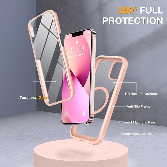 Miracase for iPhone 13 mini Case 5.4",Full-Body Protection,Clear Bumper Case with Built-in 9H Tempered Glass Screen Protector,Military-Grade Drop Protection Outdoor Phone Case for iPhone 13 mini,Pink