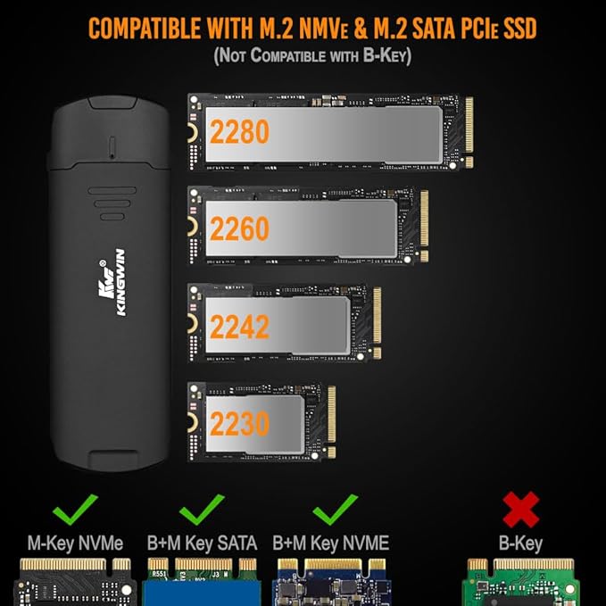 Kingwin M.2 NVMe SSD Enclosure USB-C 3.2 Gen 2, 10Gbps Type-C to NVMe External Adapter, Tool-Free Aluminum Case for M-Key/B+M Key PCIe M.2 2280/2260/2242/2230, Portable SSD Converter