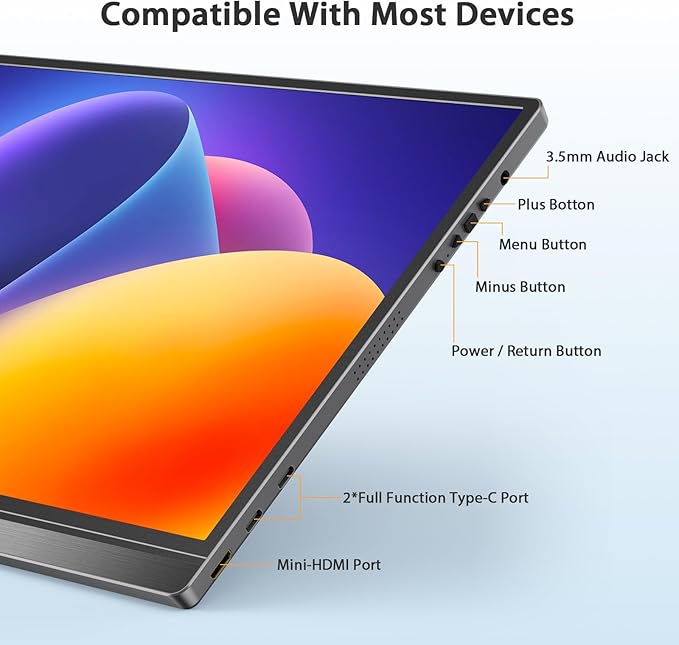 QQH Portable Monitor, 15.6 Inch FHD 1080P USB C HDMI Alloy Travel Monitor for Laptop with Smart Cover & Built-in Speaker, Plug & Play Ultra Slim Second Monitor for Laptop PC Phone Mac