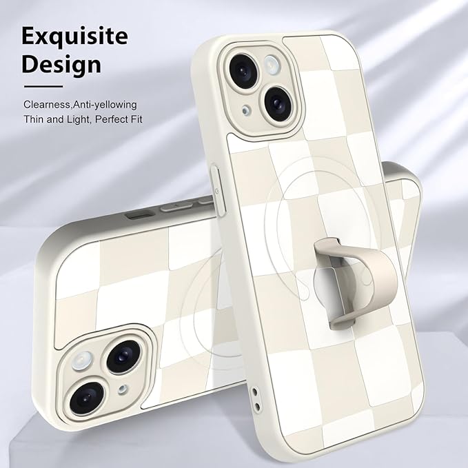 KANGHAR Compatible with iPhone 15 Case, Support for MagSafe, Silicone Checkered Cute Pattern, Wristband Kickstand Camera Protection Soft Slim Cover for Girls Women -White