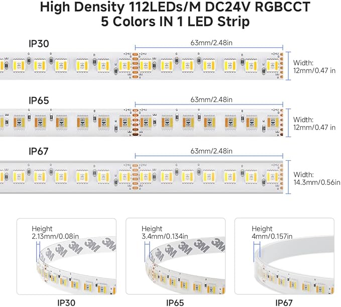 BTF-LIGHTING Highest Density RGBCCT 5 Colors in 1 LED 5050SMD RGB+ Tunable Color Temperature 2700K-6500K 16.4ft 112LEDs/m DC24V Multi-Colored IP65 12mm Width White LED Tape(No Adapter or Controller)