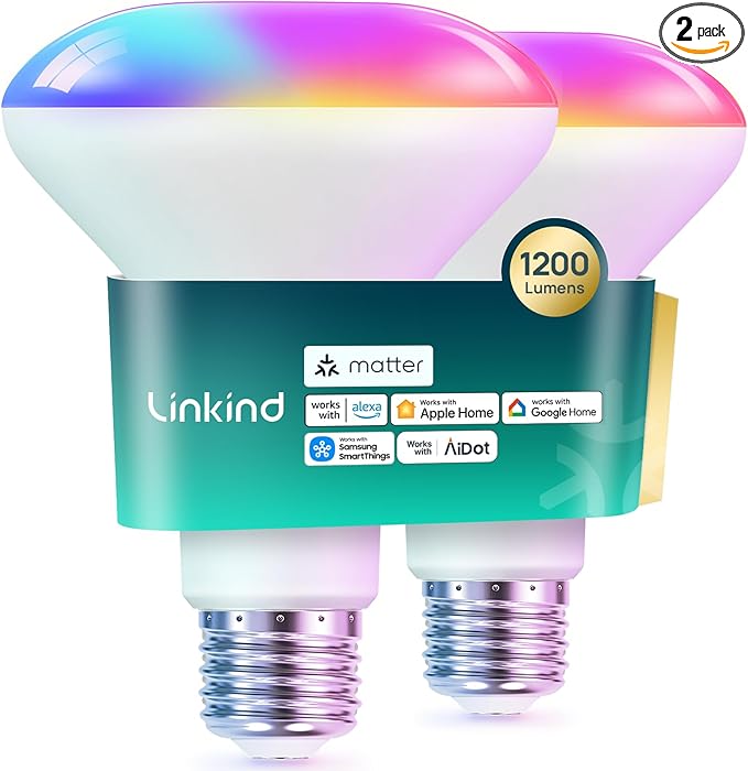 Linkind Matter Smart Light Bulb,1200LM 85W BR30 Smart Flood Light Bulbs Work with Alexa, Apple Home, Google Home, RGBTW Recessed Color Changing Bulbs E26, 2.4GHz Only WiFi Light Bulbs LED, 2Pack