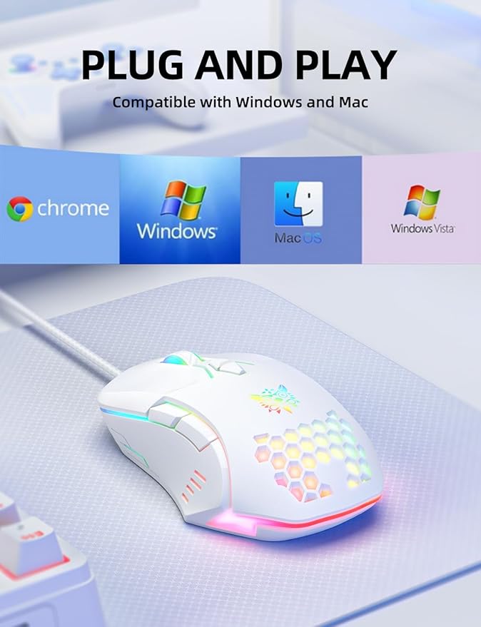 Wired PC Gaming Mouse: High Precision Sensor,RGB Backlit, Adjustable DPI, 7 Buttons Programmable,Ergonomic mice for Office & Gaming on Windows/Mac/Linux/Chrome-White