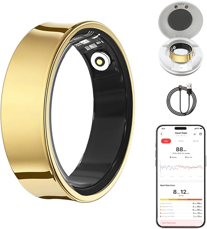Smart Health Ring for Women Men Fitness Tracker with Heart Rate, Blood Oxygen, HRV, Sleep Monitoring, Step Counting, IP68 for iPhone and Android, No Subscription Fee (Royal Gold, 12#)