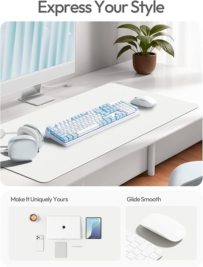 YSAGi Leather Desk Protector, Office Mat, Large Mouse Mat, Non-Slip PU Leather Blotter, Laptop Desk Pad, Waterproof Writing Pad for Office and Home (White, 35.4" x 17")