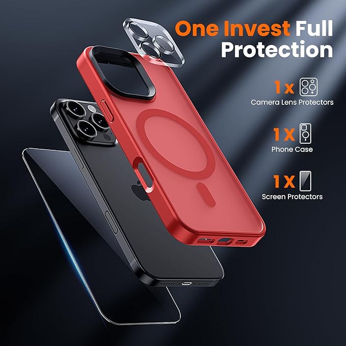 toushion 3 in 1 for iPhone 16 Pro Max Case with MagSafe, Screen Protector*1 Camera Lens Protector*1,Skin Feeling Back Military-Grade Protection for iPhone 16 Pro Max Phone Case 6.9 inch Red