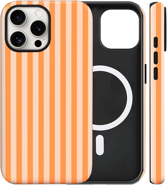 Magnetic for iPhone 14 Pro Case Cute Stripes Phone Case, Shockproof Slim TPU and Hard PC Protective Phone Cover Compatible with MagSafe Designed for Women Girls, Orange