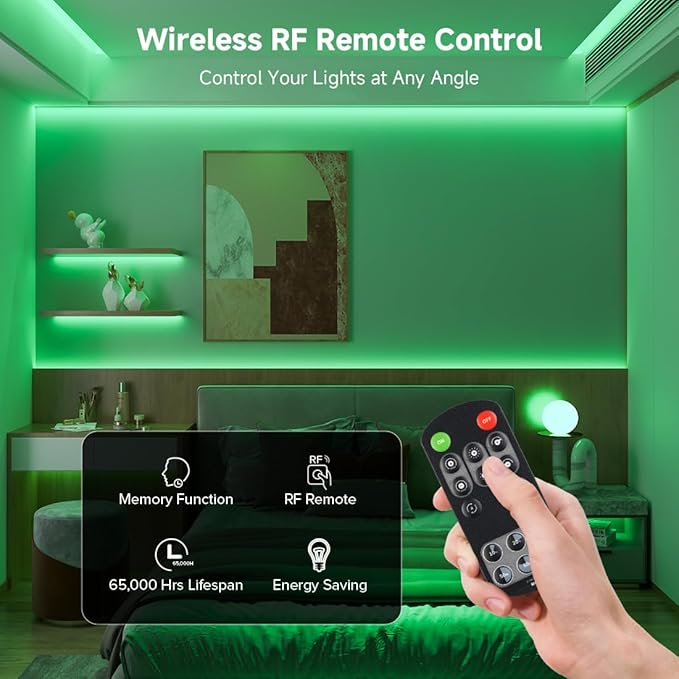 BTF-LIGHTING COB LED Strip Light 12V 16.4FT UL Listed, Green Color Dimmable High Density Flexible Tape Light with RF Remote & ETL Power Adapter, Ultra Bright for Bedroom Kitchen Home Indoor Lighting