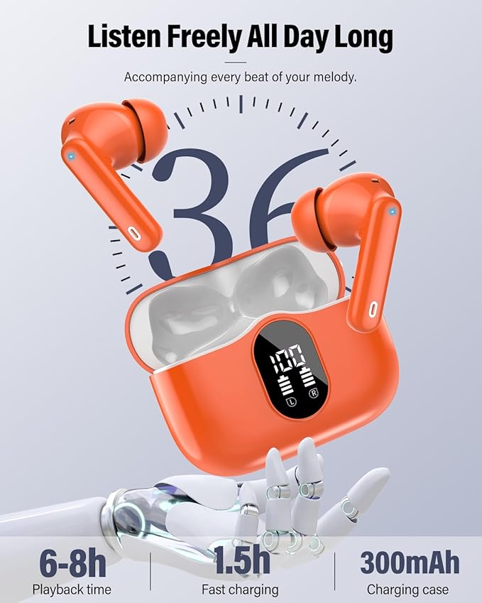 Wireless Earbuds, Bluetooth 5.4 Headphones Bass Stereo, Ear Buds with Noise Cancelling Mic, IP7 Waterproof in Ear Earphones, 36H LED Display Bluetooth Earbuds for Laptop Pad Phones, Deep Orange