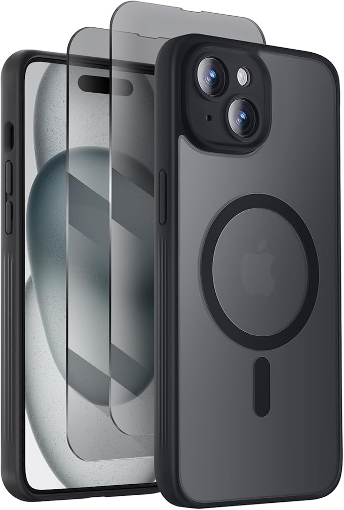 Symcele Designed for iPhone 15 Case, Compatible with MagSafe, with Privacy Screen Protectors X2, [Camera Protection] [15FT Military Drop Protection] Shockproof Phone Case, 6.1", Black