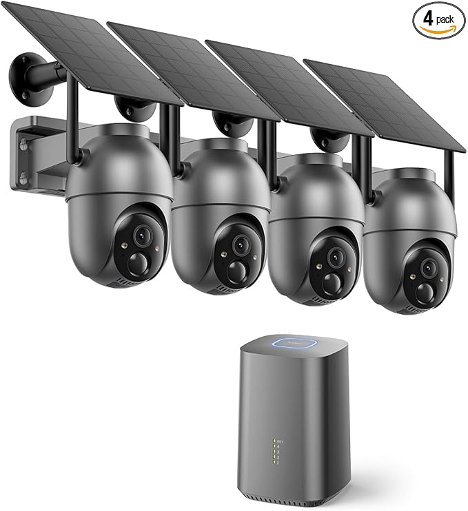 SEHMUA Security Cameras Wireless Outdoor (4-cam-kit), No Subscription Required, Color Night Vision, 360° PTZ, 4MP Live View, Instant Alerts, Solar Security Camera System Works 2.4G & 5G WiFi for House