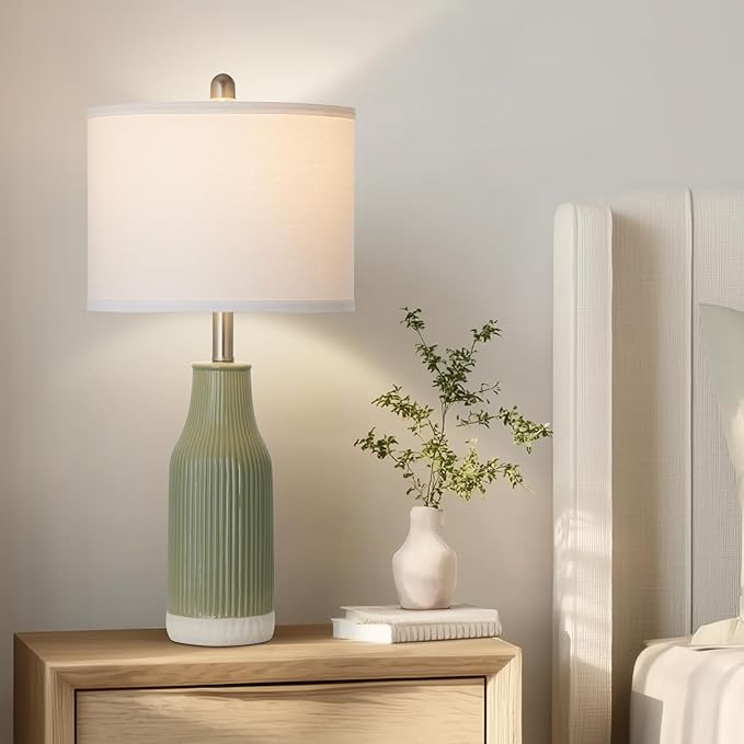 24.5" Ceramic Table Lamps Set of 2 for Bedroom, Sage Green Table Lamps for Living Room End Table, Small Farmhouse Bedside Lamps for Nightstands (2 LED Bulbs Included)