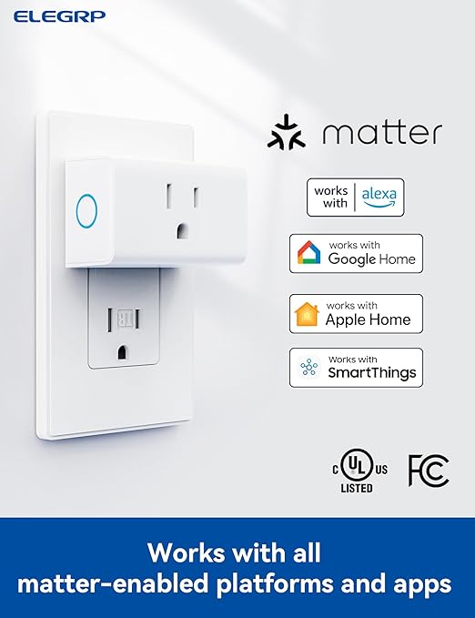ELEGRP Matter Supported Mini Smart Plug, Smart Outlet 15A/1800W Max, Compatible with Apple Home, Siri, Alexa, Google Home, SmartThings, Compact Design, UL Certified, 2.4G Wi-Fi Only, White, 1 Pack