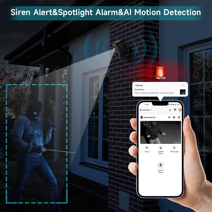 4Pack Security Cameras Wireless Outdoor 2.4G&5G WIFI, 2K Battery Powered Indoor Camera for Home Security with Spotlight & Siren Alarm, 2-Way Audio, Color Night Vision, AI Detection,Works w/Alexa
