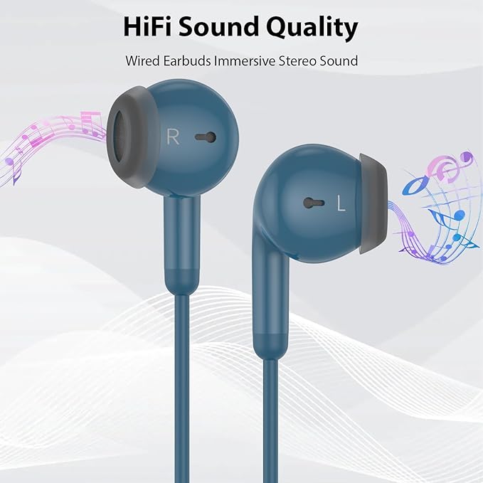 USB C Earbuds Wired USB Type-C Headphones for Apple iPhone 17 16 15 Pro/iPad 10th Generation for Pixel 10 9 Pro Earphones with Microphone Volume Control Noise Isolating HiFi Stereo Headset Lake Blue