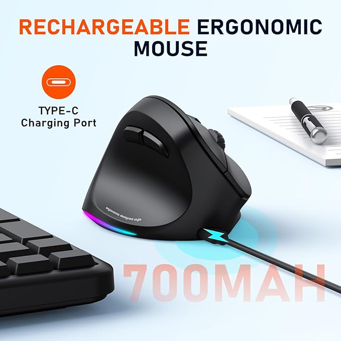 MEETION Left-Handed Ergonomic Mouse, Wireless Vertical RGB Rechargeable Mouse, Bluetooth(5.2 + 3.0) & USB-A with USB-C Adapter 4 Adjustable DPI Mice for Mac/Windows/PC/Tablet/iPad Black