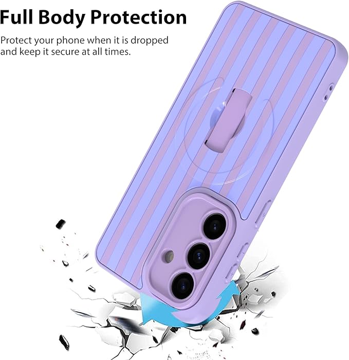 KANGHAR Compatible with Samsung Galaxy S26 Case, Support for MagSafe, Silicone Stripes Cute Pattern, Wristband Kickstand Camera Protection Soft Slim Cover for Girls Women -Purple