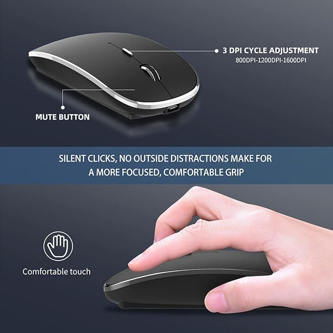 Halpilt Wireless Mouse Chargeable Portable Silent USB-A and Type-C Dual Mode Wireless Mouse 3 Adjustable DPI for Laptop, Mac, Android, PC (Q23S Black) (Black)