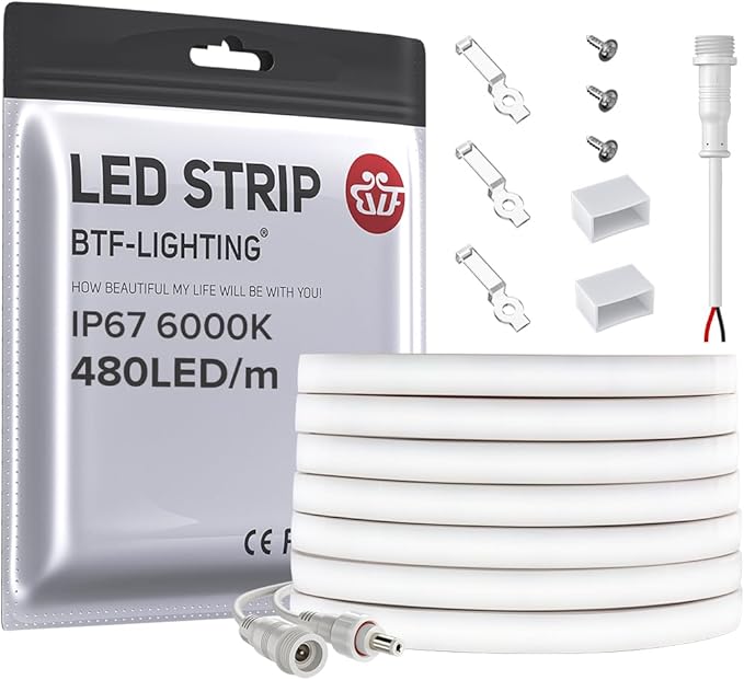 BTF-LIGHTING FCOB COB LED Strip IP67 Waterproof Flexible High Density Uniform Diffused Neon Light 16.4FT DC12V Cool White 6000K 480LED/m CRI 90+ for Indoor Decor(No Adapter or Controller)