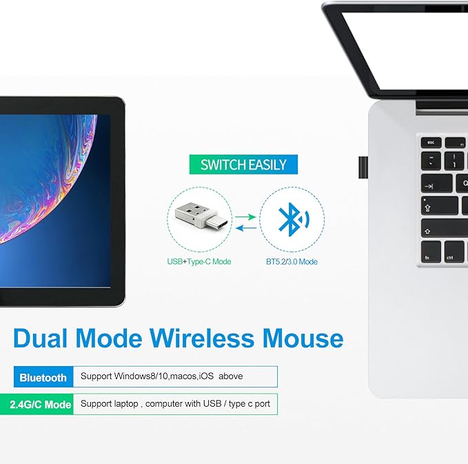 KLO Rechargeable Bluetooth 5.2/3.0/Type-C/USB-2.4G Mouse for MacBook/MacBook air/Pro/iPad, Wireless Mouse for Laptop/Notebook/pc/iPad/Chromebook (Silver)