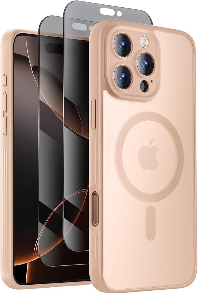 Symcele Designed for iPhone 16 Pro Max Case, Compatible with MagSafe, with Privacy Screen Protectors X2, [Camera Protection] [15FT Military Drop Protection] Shockproof Phone Case, 2024, Light Brown