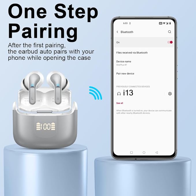 Wireless Earbud Bluetooth 5.3 Headphones, Hi-Fi Stereo Ear Buds with 4 ENC Cancelling Mics, 40H in-Ear Earphones IP7 Waterproof Sports, LED Display, Mini Headset for Laptop Pad TV Android/iOS, Grey