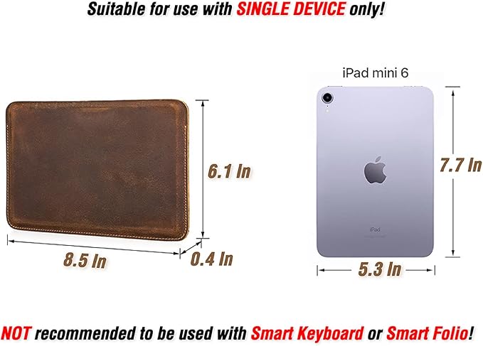 Top Grain Leather 8.3" Slim Tablet Sleeve Case Protector, Solid Minimalist Vintage Design, Fully Handmade, Compatible with 8.3" iPad mini 6 iPad mini 7.9" & Other Tablet, Brown 8.3 Inch