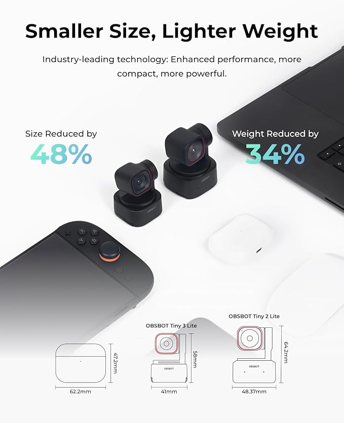 OBSBOT Tiny 3 Lite AI-Powered Spatial Audio 4K Webcam, 1/2" Sensor Tri-Mic Voice Control Gesture Control HDR Webcam for PC Laptop Zoom Meeting, W Mini Tripod