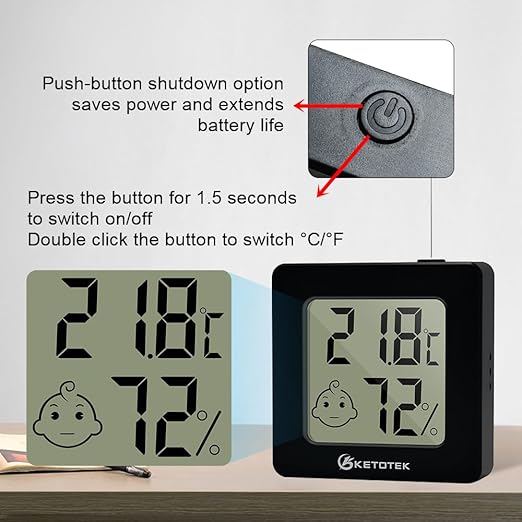 KETOTEK Mini Hygrometer Indoor Thermometers Humidity Meter 2 Pack Humidity Meters Gauge Digital Room Thermometer Hygrometer for Humidors Greenhouse Cellar Office
