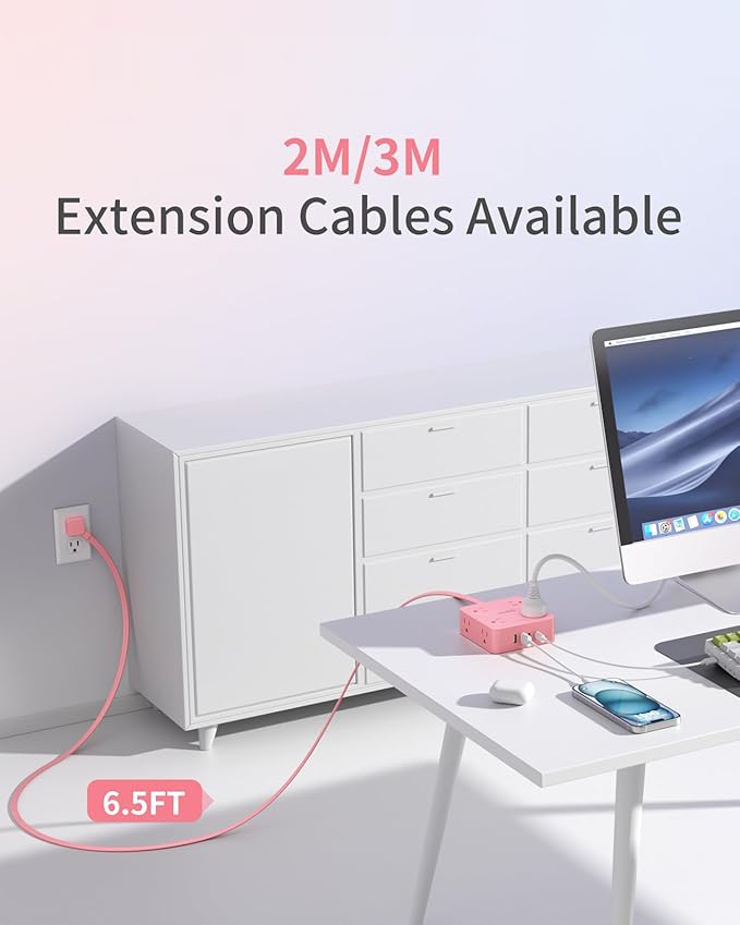 Extension Cord with Multiple Outlets, SMALLRT Power Strips with Surge Protection, 6.5FT Flat Plug Power Strip with USB Ports, 8 Outlets, Outlet Extender Surge Protector Outlet for Home Office, Pink