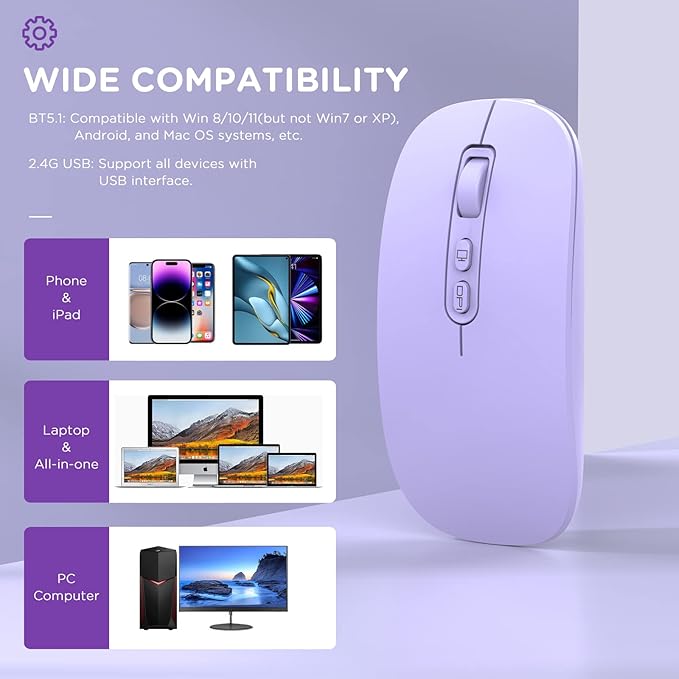 RAPIQUE Bluetooth Wireless Mouse, Rechargeable Multi-Device(Tri-Mode: BT1/BT2+2.4G) Computer Mice with USB Receiver, Slim Silent Mouse for Laptop/MacBook/Chromebook/Surface Pro/iPad Pro(Purple)