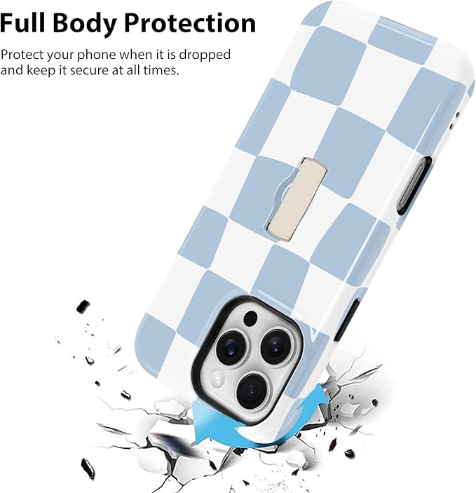 KANGHAR Compatible with iPhone 16 Pro Max Case, Support for MagSafe, Silicone Checkered Cute Pattern, Wristband Kickstand Camera Protection Soft Slim Phone Case for Girls Women -Light Blue