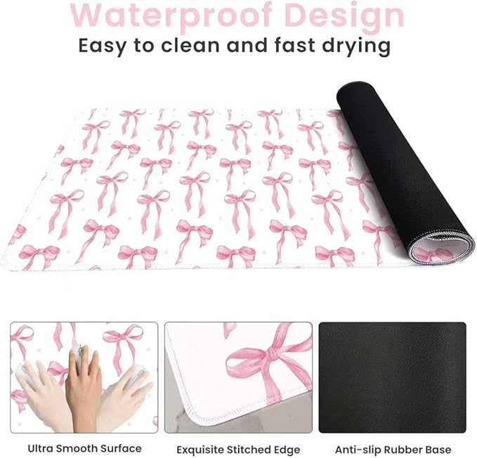 Large Desk Mat with Pink Bows, Cute Mouse Pad Pink Keyboard Mat for Computer Laptop Non-Slip Rubber Base, Girly Office Mat Desktop Pad Office Supplies Accessories for Teen Girls Women 35.4 x 15.7in