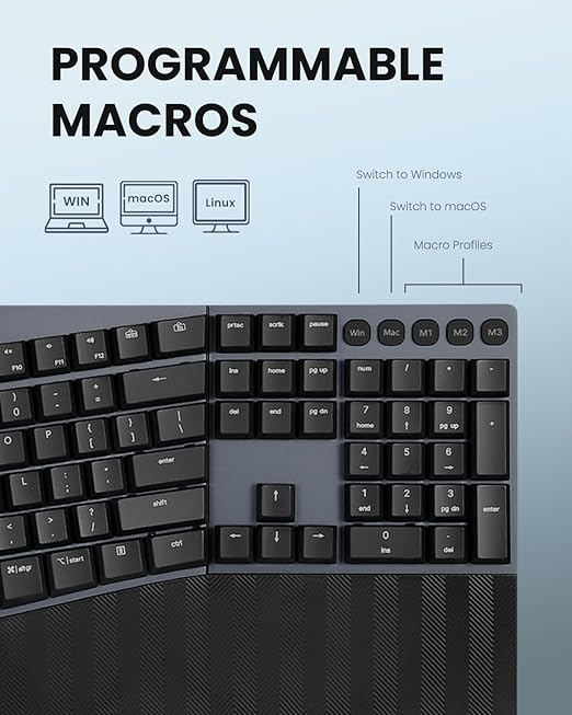 Perixx PERIBOARD-535BL [Firmware Updated] Wired Ergonomic Mechanical Keyboard - Full-Size - Low-Profile Blue Clicky Switches - Compatible with Windows and macOS