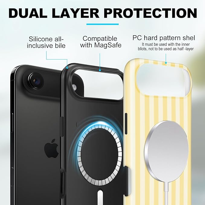 Magnetic for iPhone 17 Air Case Cute Stripes Phone Case, Shockproof Slim TPU and Hard PC Protective Phone Cover Compatible with MagSafe Designed for Women Girls, Pink and White
