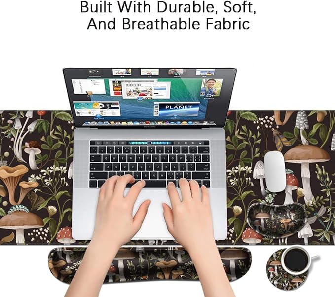 MIBITRI Keyboard Mouse Pad Set, Extended Gaming Mouse Pad+Ergonomics Keyboard Wrist Rest Support, Memory Foam, Easy Typing Pain Relief, 3Pcs XXL Ultra Thick Desk Mat, Cute Mushroom