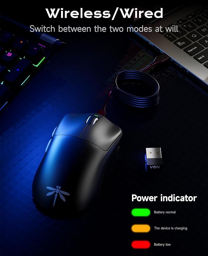 VGN Dragonfly F1 Pro Max Wireless Gaming Mouse, 130h Playtime Long Endurance, 55g Lightweight, PAW3395 26K DPI Flagship Sensor, 4000Hz Polling Rate Supported, Low Latency Esports Peripherals, Black