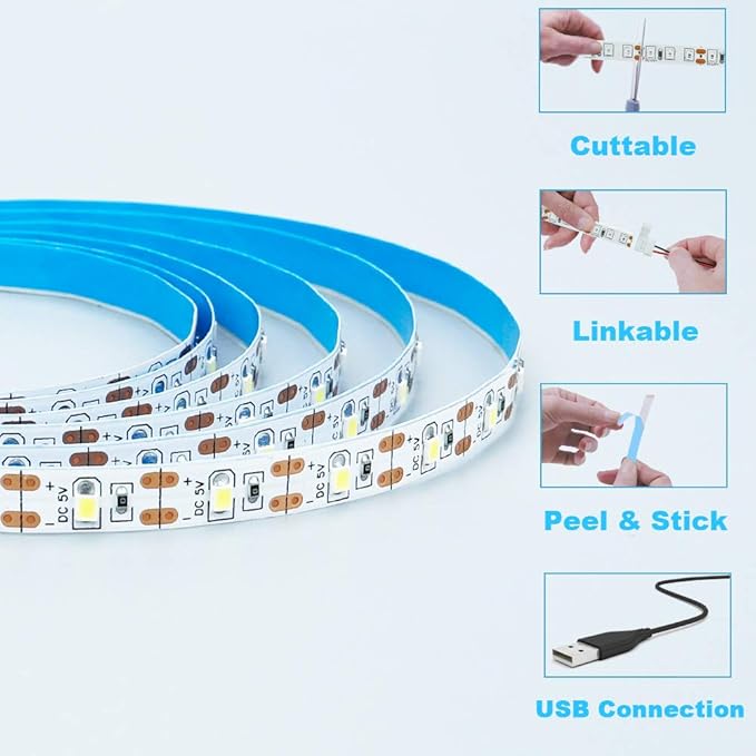 USB LED Strip Light Warm White 3000K 5V USB Powered 13.12ft/4M 240LEDs Flexible SMD2835 High Brightness No-Waterproof IP20 LED Tape Lights(2pcs x 6.6ft)