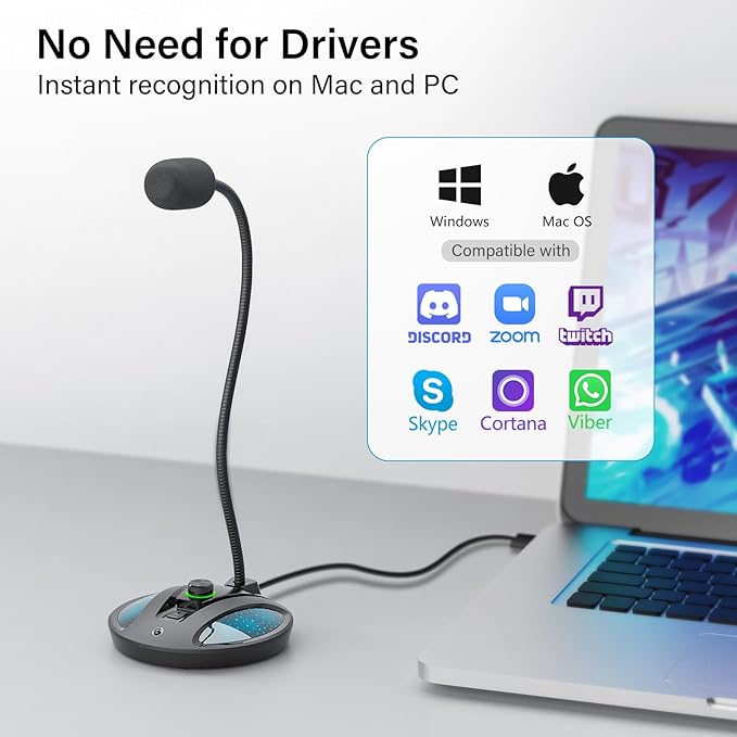 USB Microphone for PC, Plug & Play Computer Mic with Noise Cancelling & Mute, Flexible Gooseneck Desktop Mic for Podcasting, Streaming, Video Conferences, Compatible with Windows & Mac