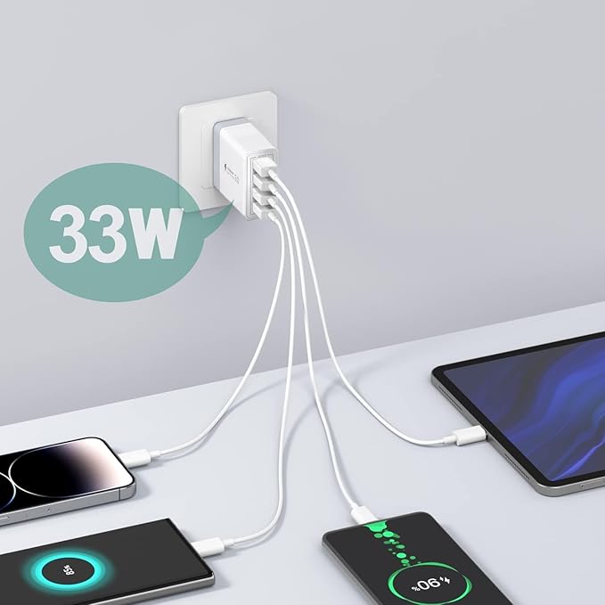 [2 Pack] USB Charger, 4 Port USBA Wall Charging Block, Fast Charge QC 3.0 Plug Adapter Compatible with iPhone 12/13/14/15/XS/XS Max/XR/X, LG, Google Pixel and More