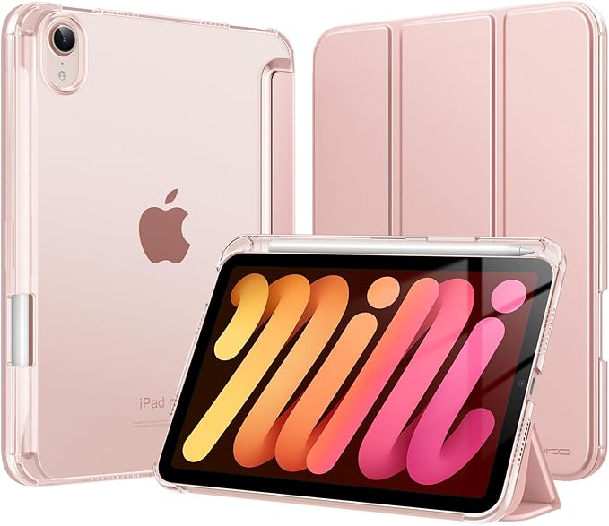 MoKo for iPad mini 7 A17 Pro Case 2024, iPad mini 6th Generation Case 8.3 Inch 2021 with Pencil Holder, Slim Light Trifold Smart Protective Cover with Hard PC Translucent Back Shell, Rose Gold