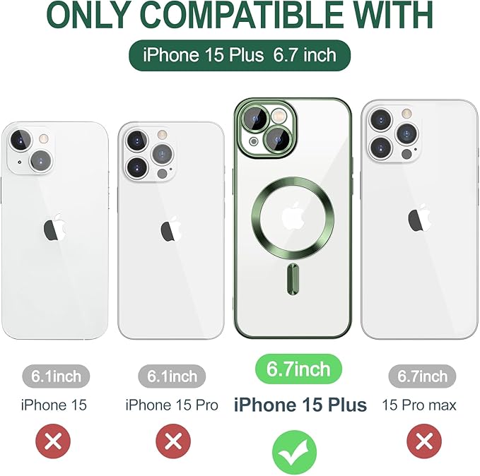 Hython Magnetic Clear for iPhone 15 Plus Case with Camera Lens Protector [Compatible with MagSafe] Luxury Plating Edge Slim Soft TPU Cover Protective Phone Case for iPhone 15 Plus 6.7", Deep Green
