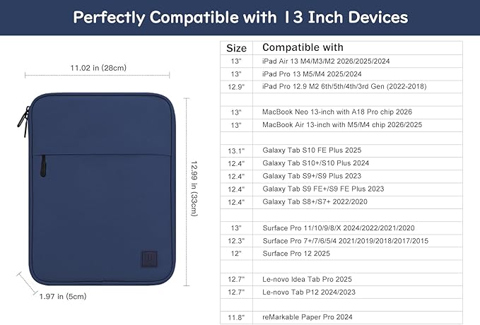 Dadanism 13 Inch Tablet Sleeve Padded Carrying Case for New iPad Air 13" M4/M3 2026/2025, iPad Pro 13" M5/M4 2025/2024, Galaxy Tab S10+/S9 FE+/S9+ 12.4", Remarkable Paper Pro 11.8", Denim